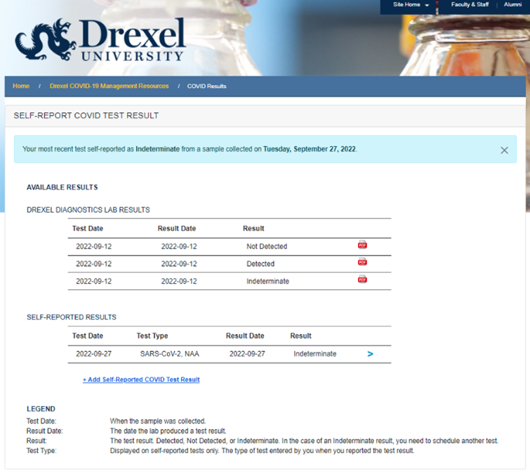 Screengrab of Drexel Health Checker test result display