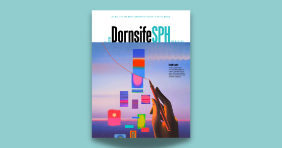 Dornsife SPH magazine cover with colorful patches and a hand tracing
