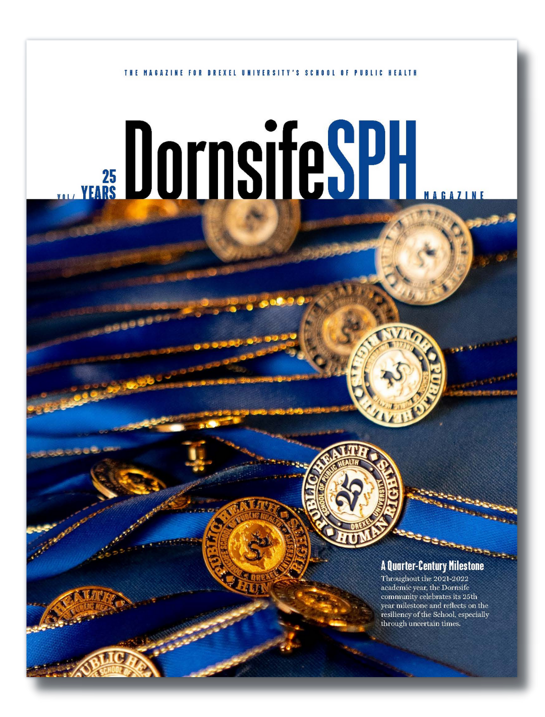 Cover of Dornsife SPH 2021-22 issue featuring the school's 'health as a human right' pin