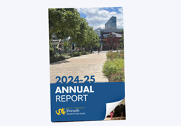 Cover of Drexel Dornsife School of Public Health annual report 2024-25 featuring a campus view from Lancaster Walk during the spring 