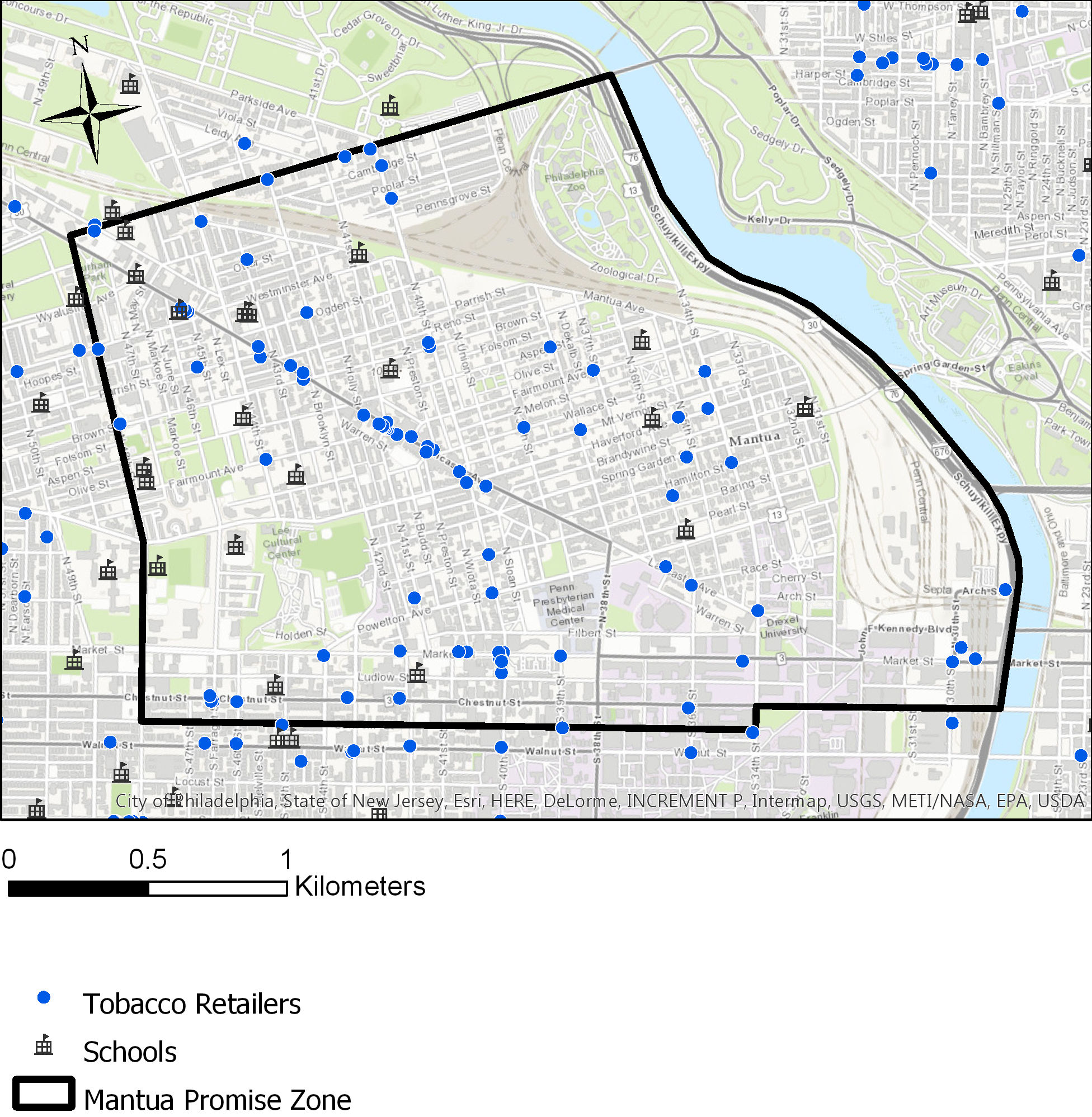 West Philadelphia Promise Zone - map with number of tobacco retailers in proximity to schools