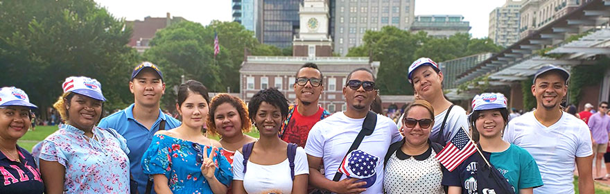 Students in the Drexel English Language Center celebrate the July 4th holiday at Independence Hall, Philadelphia, PA
