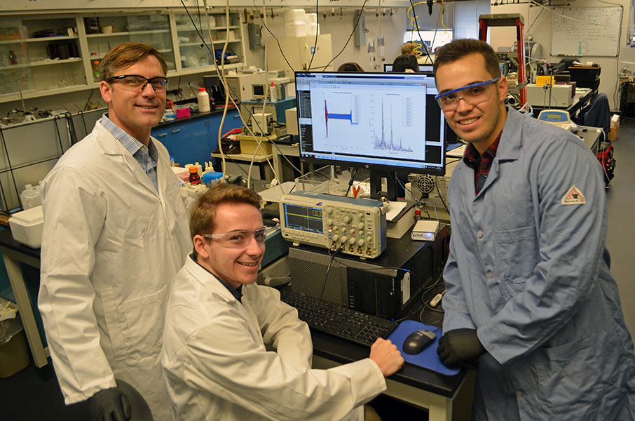 Dr. Steve Wrenn in his laboratory with PhD candidate Michael Cimorelli and BS/MS Mike Flynn.
