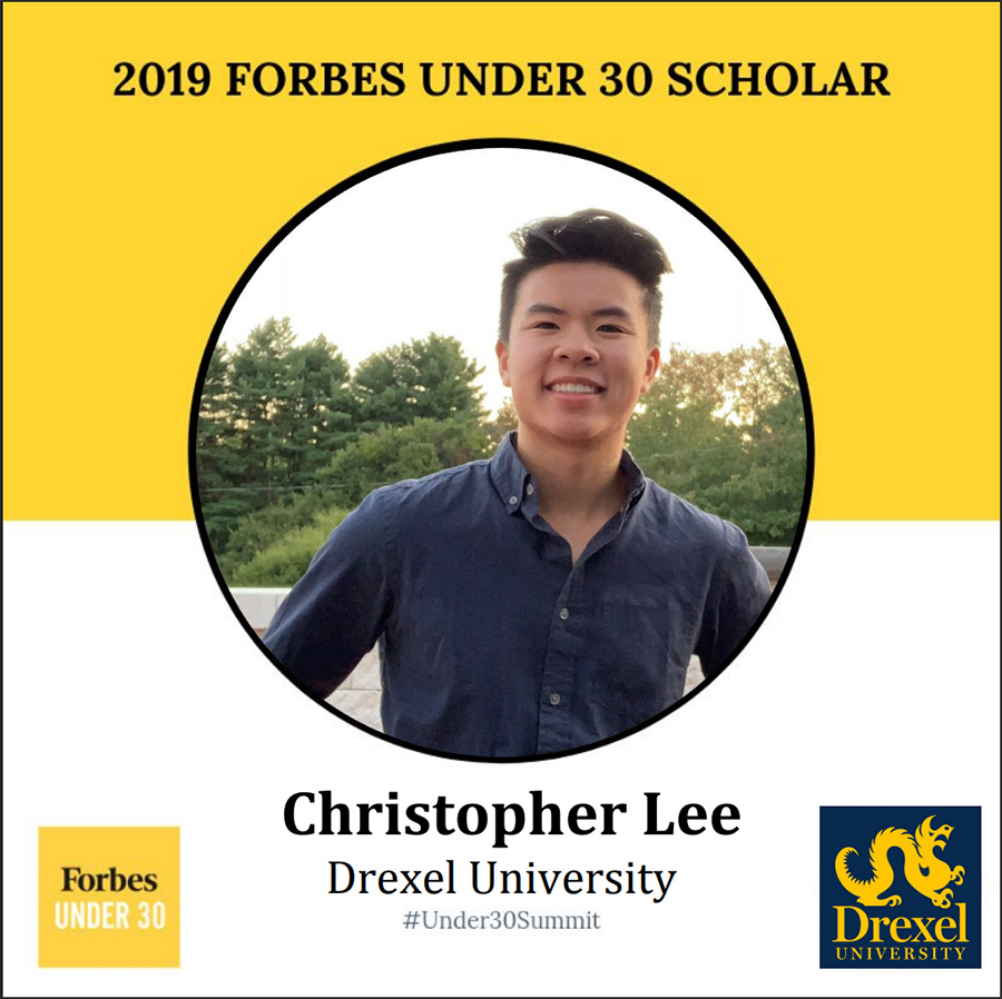 Graphic with photo of Chris Lee and logos from Forbes and Drexel