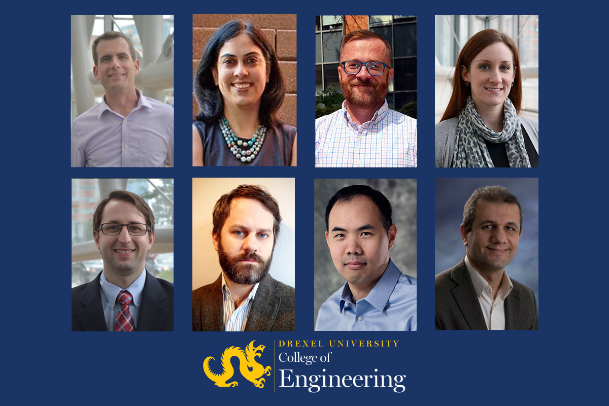Eight headshots of Drexel Engineering community members.