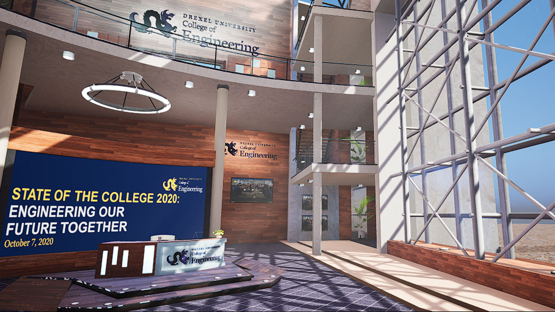 A virtual recreation of a building lobby, with a desk and windows.