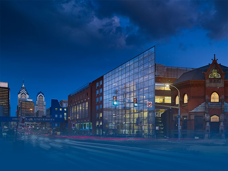 View of Market Street and Bossone Research Center at night