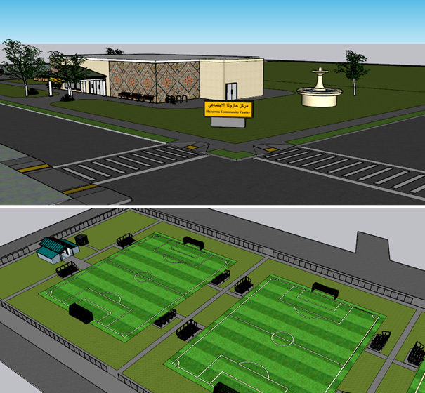 Renderings of a design for a community center and playing field