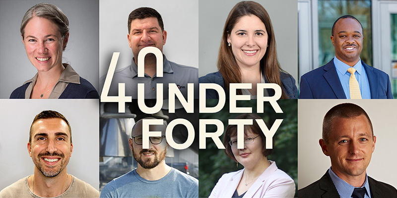Headshots of 8 alumni with text 40 Under Forty