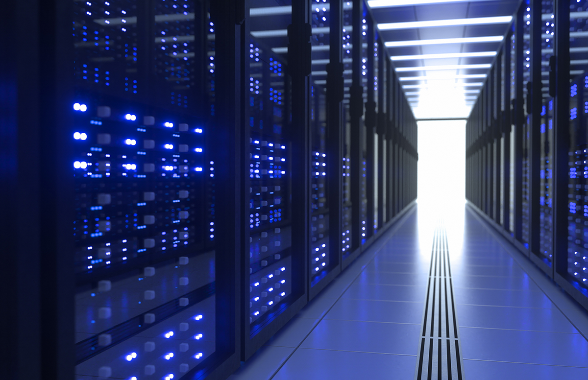 Image of a row of computer servers in a data center