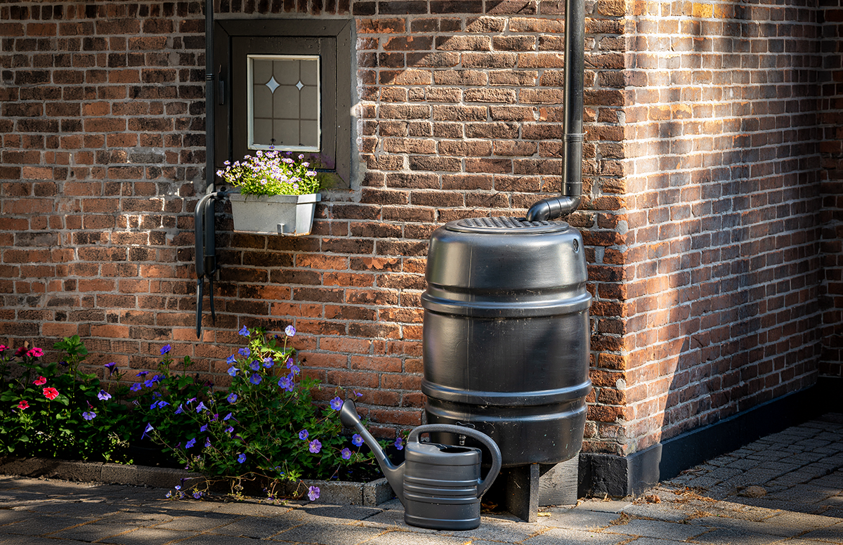 A rain barrel sits against a brick wall in an urban home setting