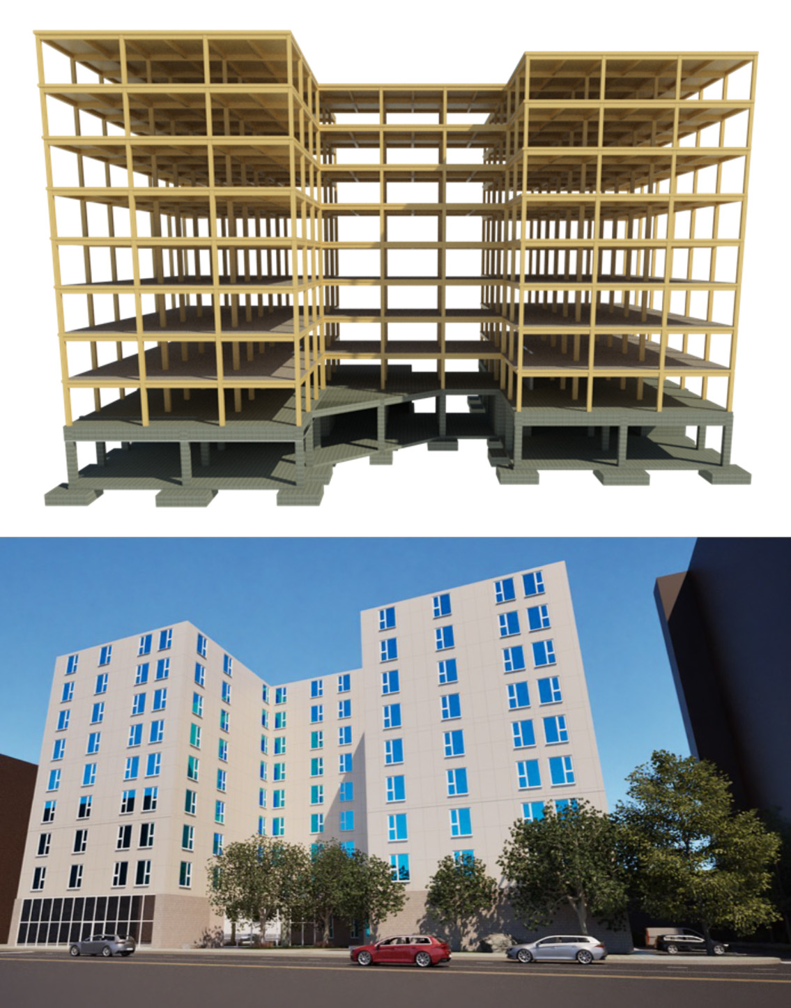Two rendered images of a building concept. On top, the wood and concrete frame. On bottom, a concept for the final building.