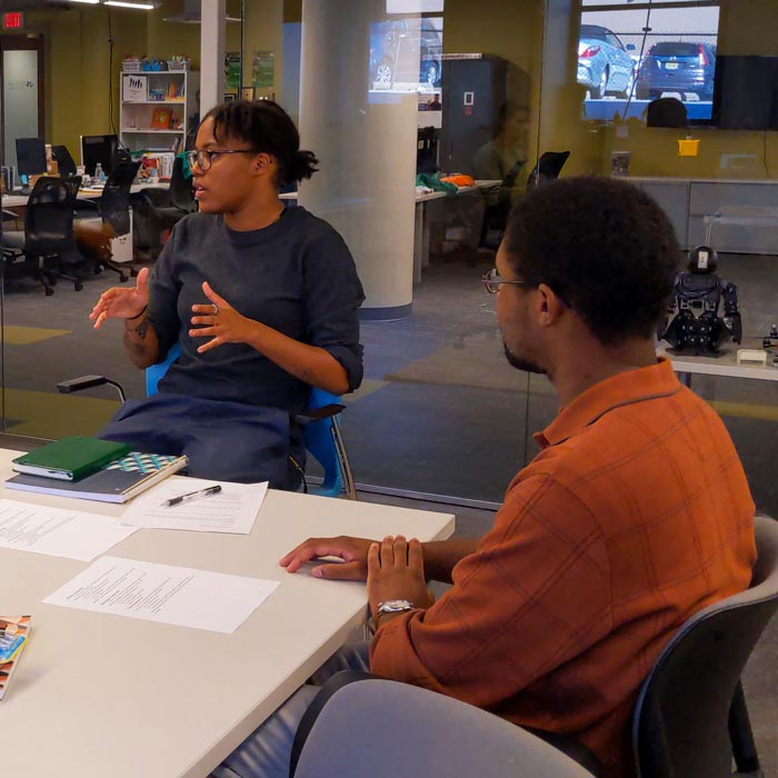 people talking at table