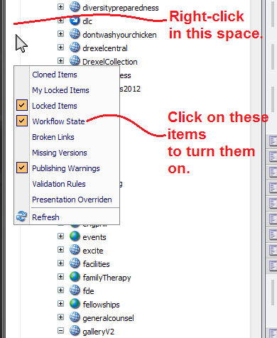 Right-click in the left-hand gutter of the Content Editor to raise a dialog box; click 'Locked Items' and 'Workflow State' to turn on those flags.