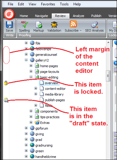 The left gutter of the Content Editor can show icons to indicate locked or unpublished items.