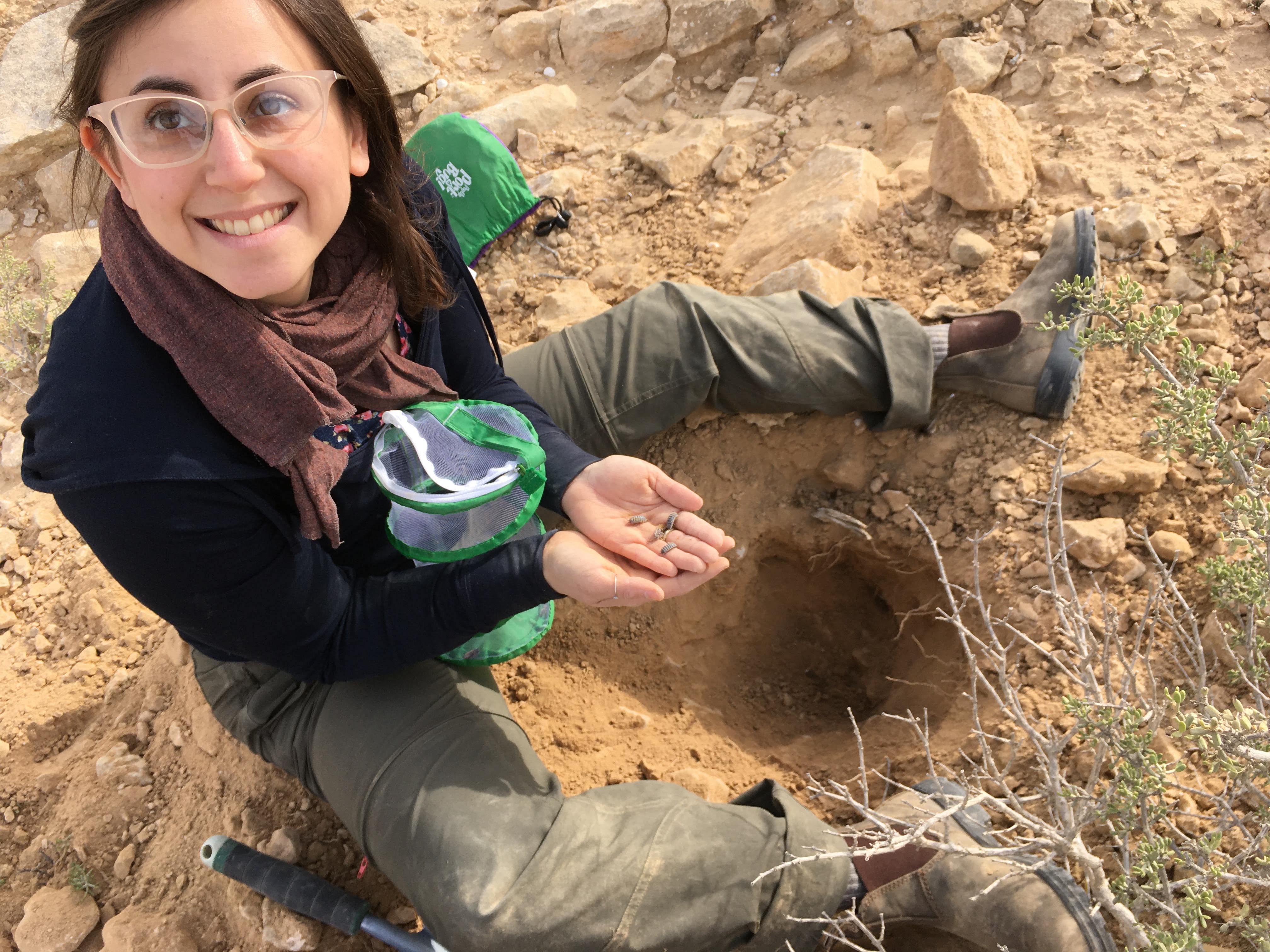 Karmi in the field with isopods from a winter burrow
