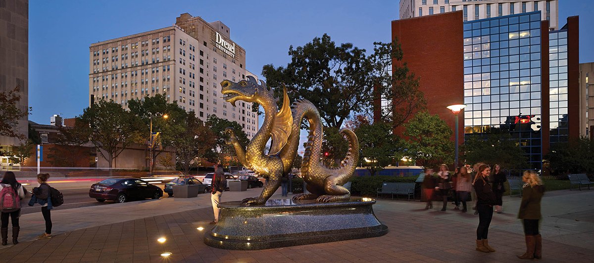 drexel dragon statue at night