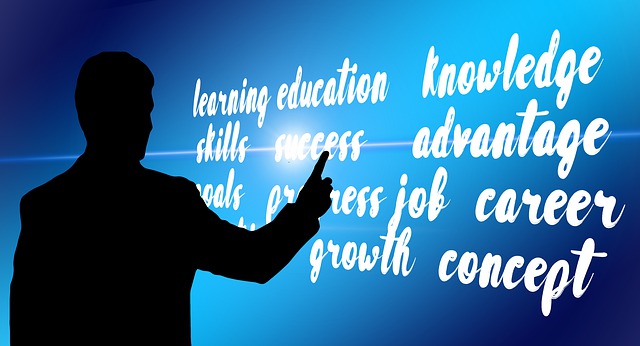 Image of a man pointing to a a series of career related words, such as success, learning, knowledge