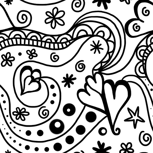 Black & White image of doodles: hearts, squiggly lines, etc.