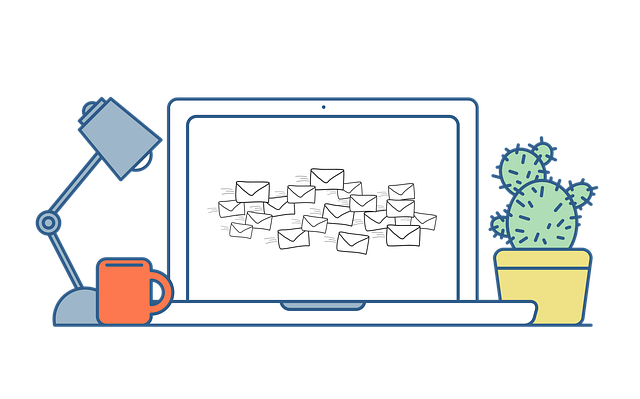 Illustrated image of a computer showing a number of emails floating around.