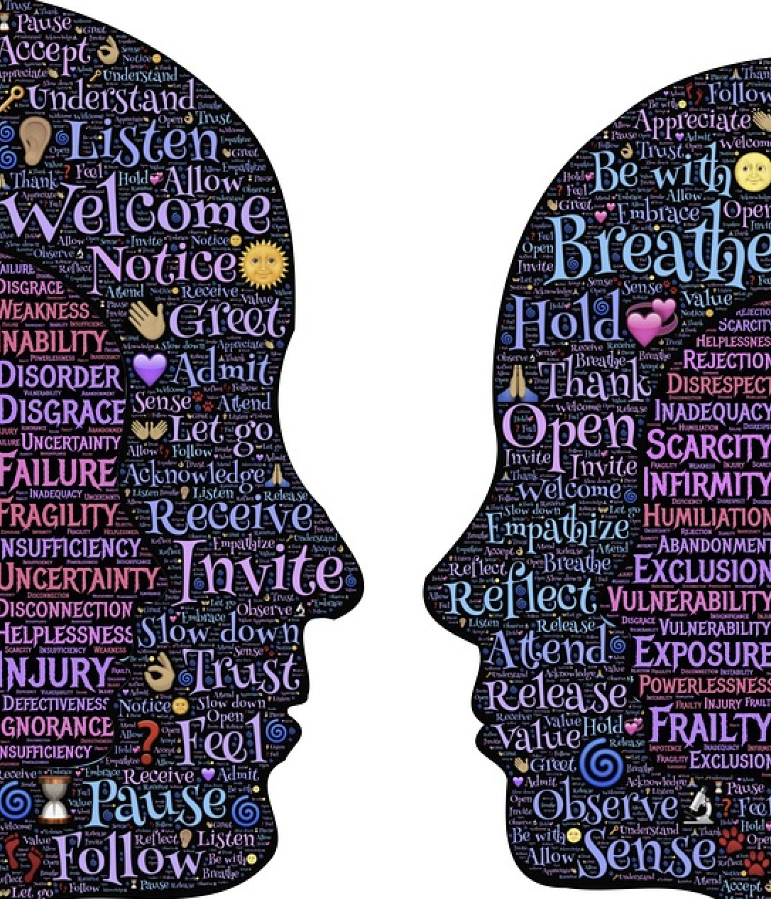 Two silloutte faces with words in each image