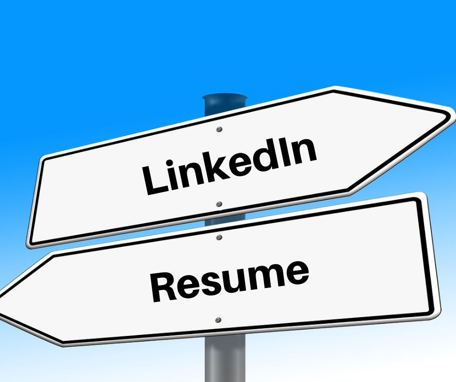 Image of crossroads sign post with the words LinkedIn and Resume on them and a blue sky in the background