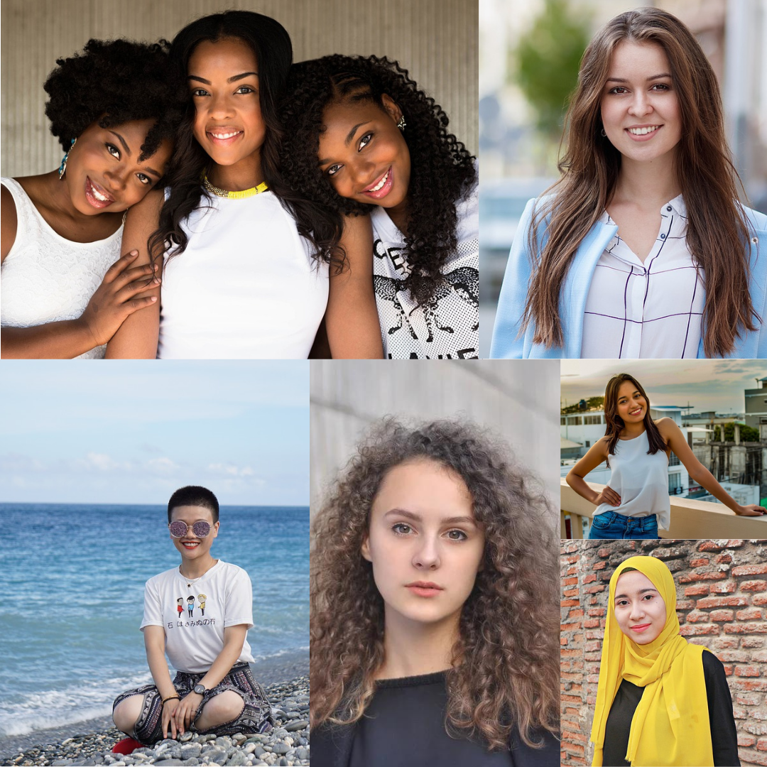 A compilation of images of young women of diverse ethnicities. 