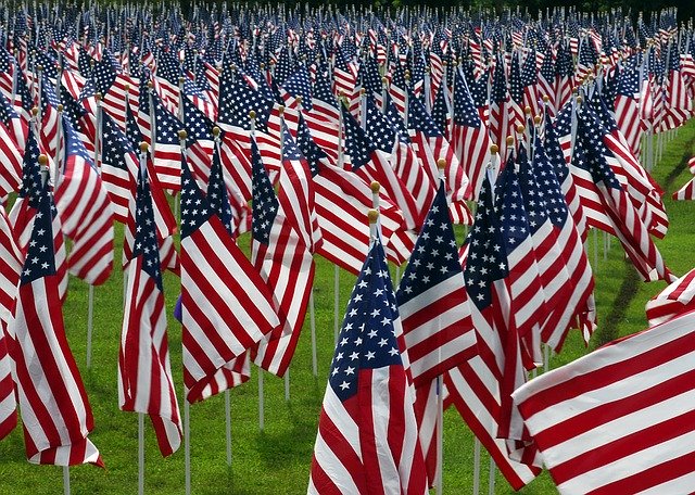 Image of an array of American Flags sticking in the ground.