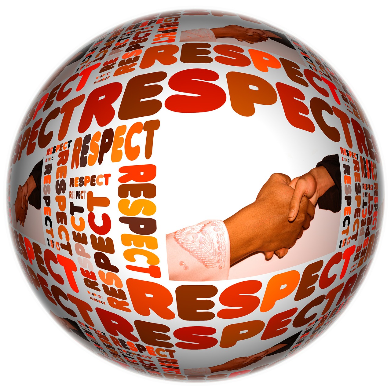 A round circle with the image of two hands shaking (as in colleagues) surrounded by the word respect in different sizes with the color of the letters ranging from red, brown, to orange and gold.
