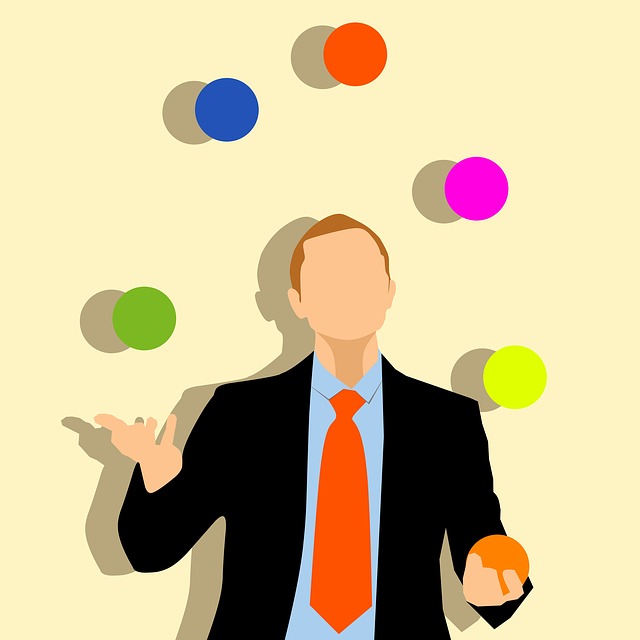 Cartoon of a man with no face in a suit jacket and red tie juggling 6 colored balls.