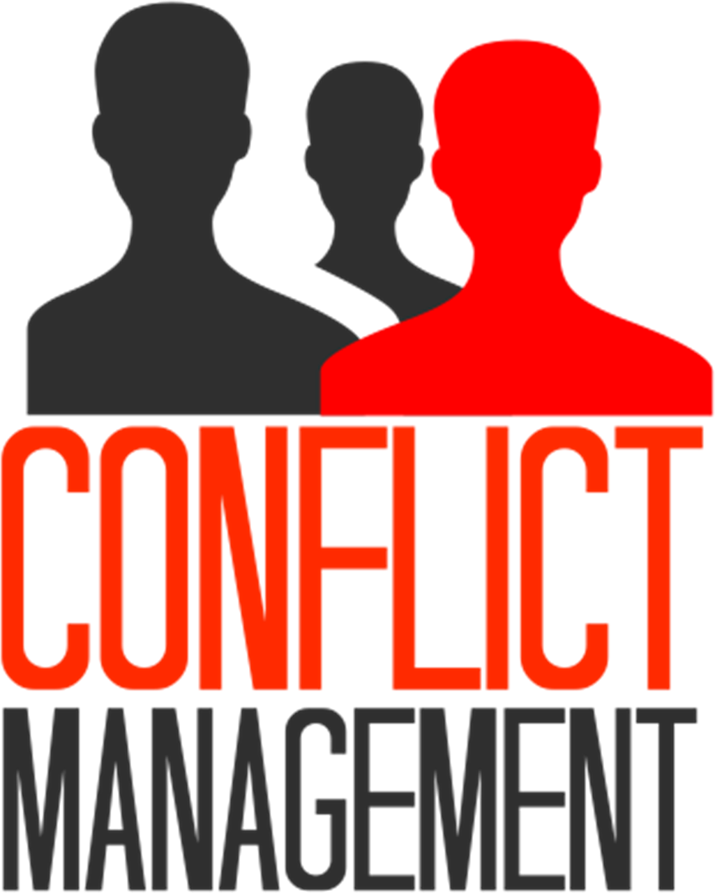 images of 3 heads, 2 black, 1 red with the words conflict management written below