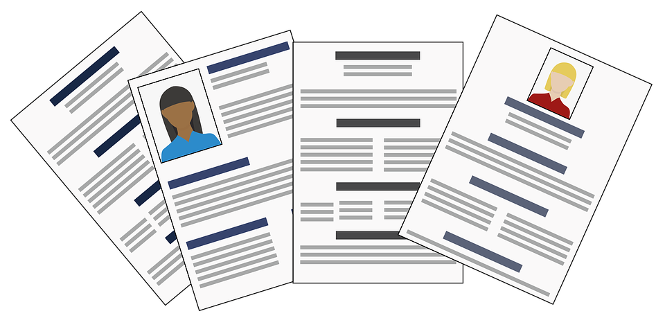 Vector image of 4 resumes or CVs, two have an illustrated image with no faces of a woman of color and a white woman
