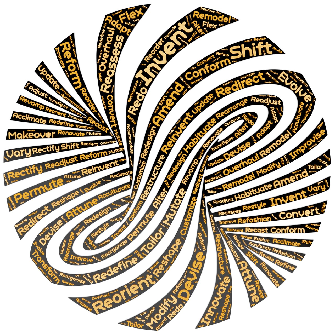Swirled word cloud with words related to evolving and adapting