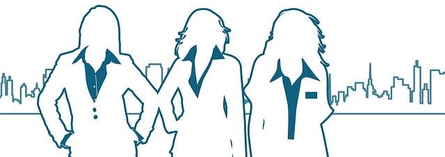 Line drawing in a light blue color of three women standing in front of a city skyline