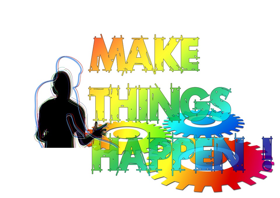 Rainbow colored words stating "Make Things Happen" with a set of cogs behind the words and a silhouette of a person as if they are talking.