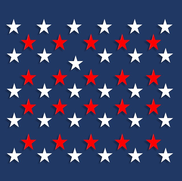 Image of red and white starts in rows on a dark blue background