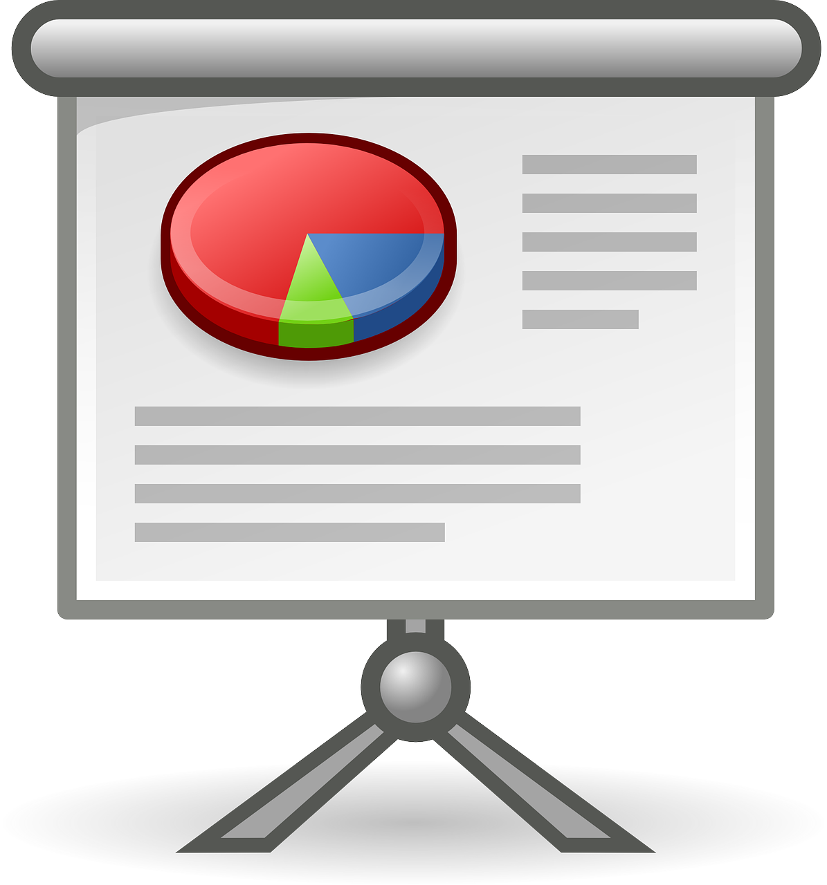 Cartoon image of a screen with a colorful pie chart in the upper left corner and lines representing text to the right and below to look like a Power Point Presentation.
