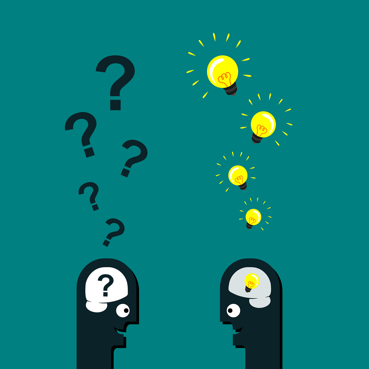 Dark teal colored background with two talking heads facing each other one has question marks floating up and out of their brain, the other light bulbs
