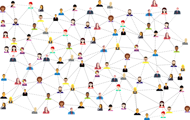 Image of cartoon-type people all connected by lines, as in by social media