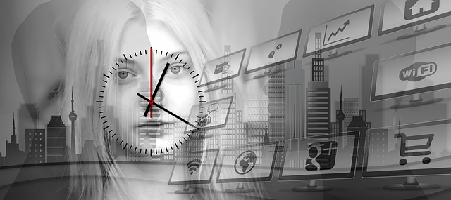 Woman with a clock over her face and a city scape behind her with business platform images floating toward her