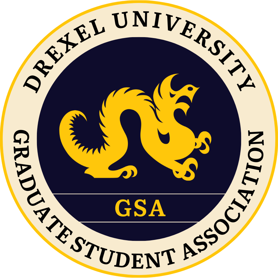 Circular watermark logo with text, "Drexel University Graduate Student Association, GSA" on navy background with yellow dragon logo image in center