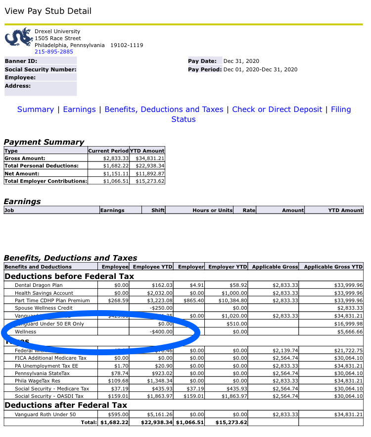 Screenshot demonstrating location of Wellness Incentive Points on Pay Stub