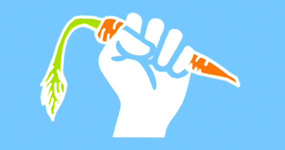 Fist holding a carrot on a field of blue