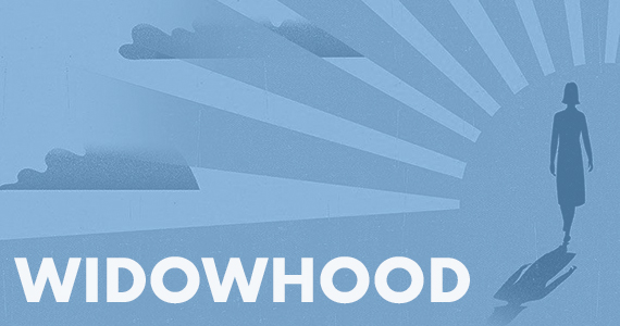 Woman walking away toward sunset with text widowhood