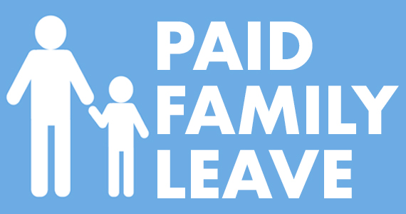 Child and parent holding hands, text reading paid family leave