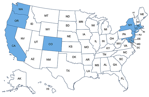 Map of the U.S. with states highlighted that mandate paid leave: Washington, Oregon, California, Colorado, New York, Massachusetts, Rhode Island, Connecticut, Delaware,New Jersey, Maryland, and Washington D.C.