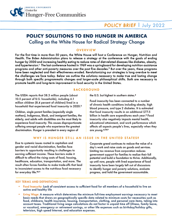 Report Cover: Policy solutions to end hunger in America