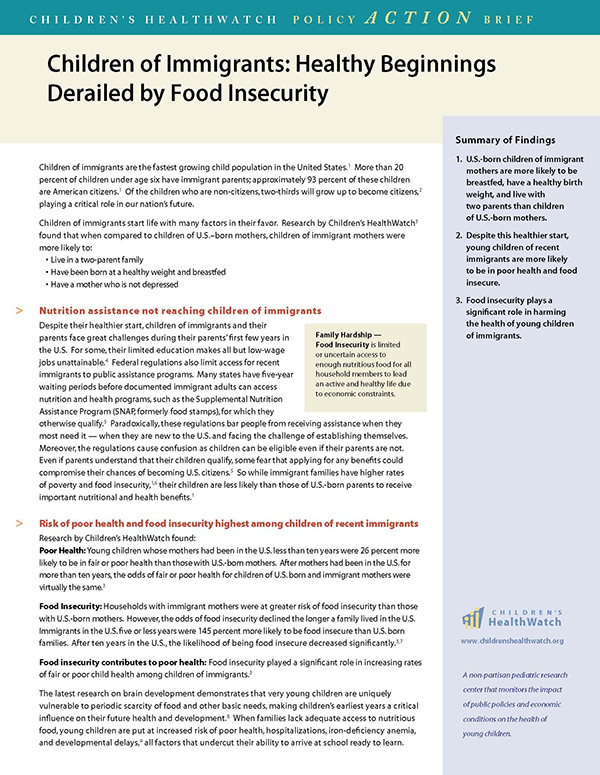 Report Cover - Children of Immigrants: Healthy Beginnings Derailed by Food Insecurity