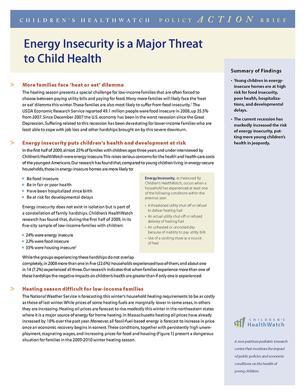 Report Cover - Energy Insecurity is a Major Threat to Child Health
