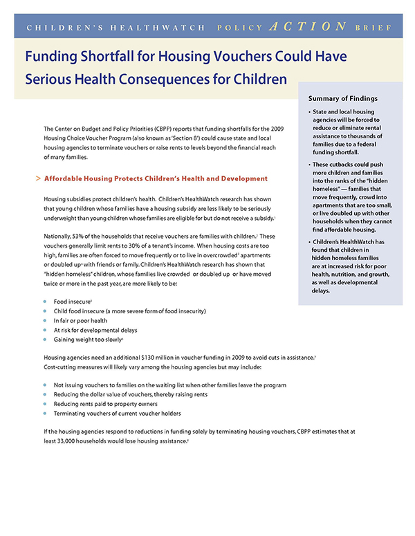 Report Cover - Funding Shortfall for Housing Vouchers Could Have Serious Health Consequences for Children